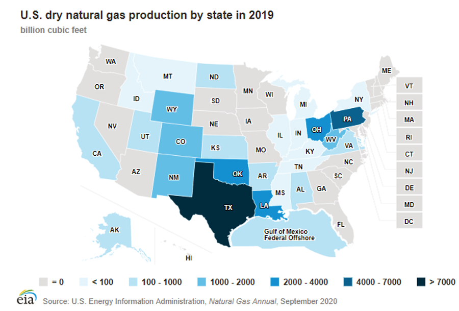 Map of U.S. dry natural gas production by state in 2019